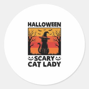 Halloween Scary Cat Lady Vintage Engraving Shirt D Classic Round Sticker