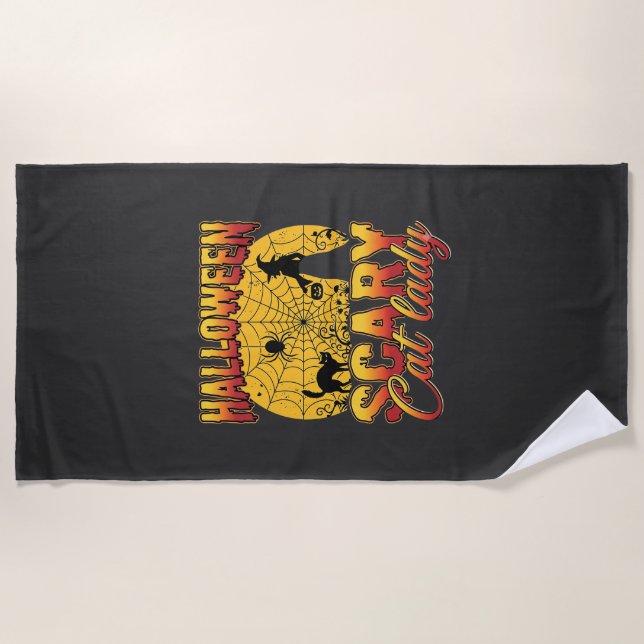 Halloween Scary Cat Lady Witch Spider Web Beach Towel (Front)