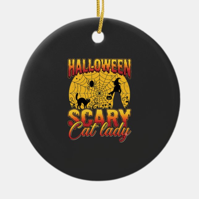 Halloween Scary Cat Lady Witch Spider Web Ceramic Tree Decoration (Front)
