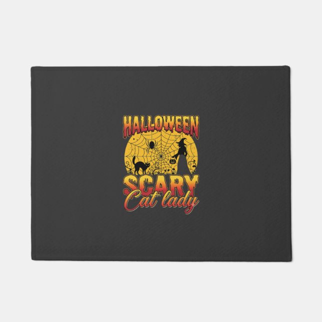 Halloween Scary Cat Lady Witch Spider Web Doormat (Front)