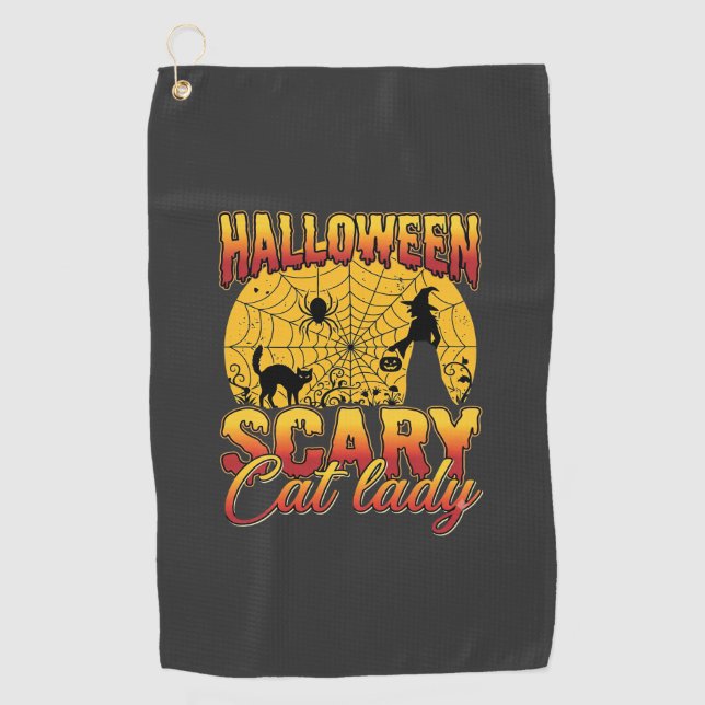 Halloween Scary Cat Lady Witch Spider Web Golf Towel (Front)