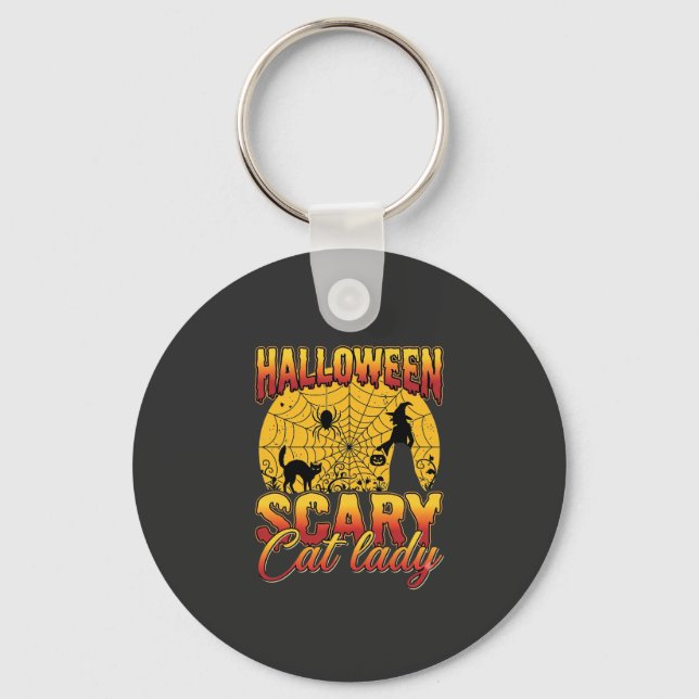 Halloween Scary Cat Lady Witch Spider Web Key Ring (Front)