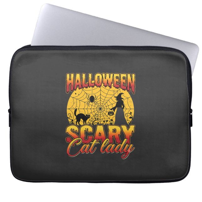 Halloween Scary Cat Lady Witch Spider Web Laptop Sleeve (Front)
