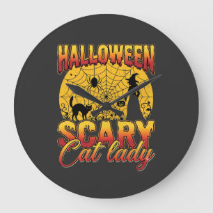 Halloween Scary Cat Lady Witch Spider Web Large Clock