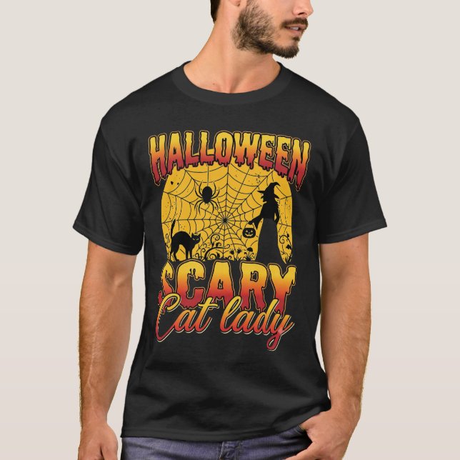 Halloween Scary Cat Lady Witch Spider Web T-Shirt (Front)