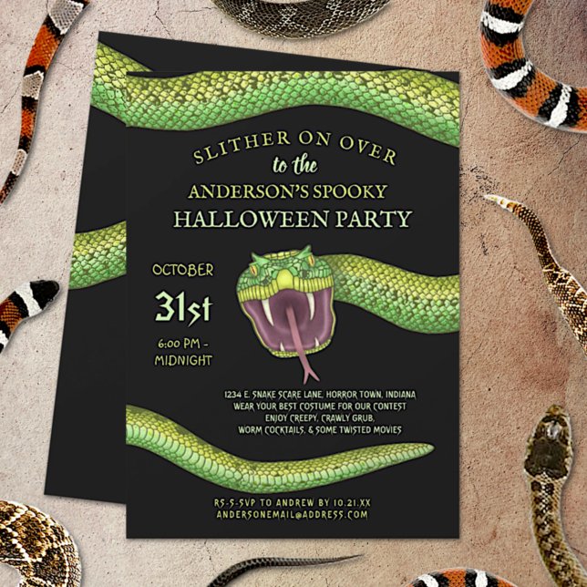 Halloween Scary Green Snake Slither On Over Creepy Invitation (Creator Uploaded)