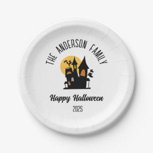 Halloween Scary Haunted  House Personalised Name Paper Plate