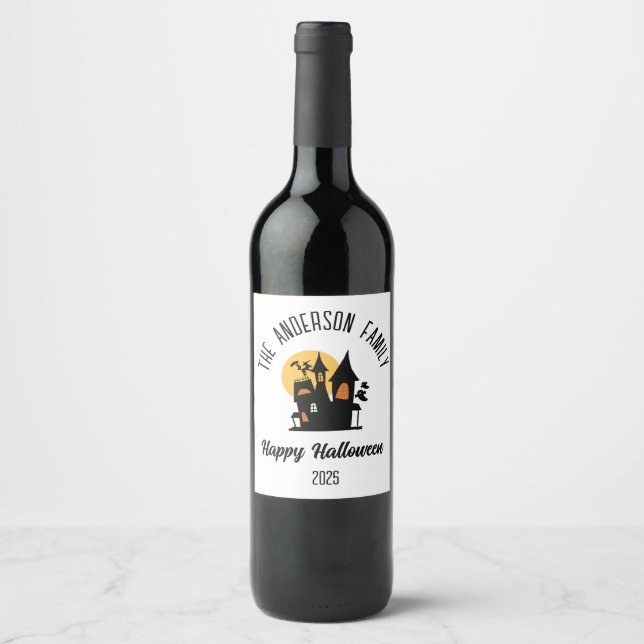 Halloween Scary Haunted  House Personalised Name Wine Label (Front)