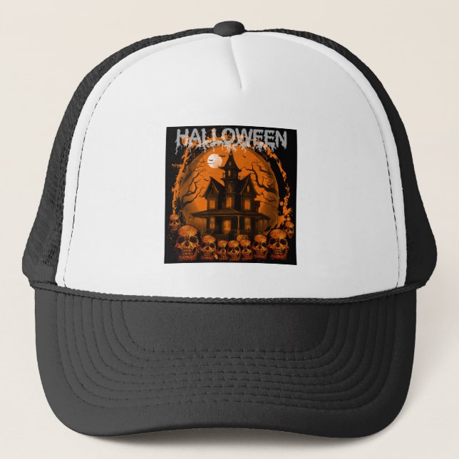 HALLOWEEN SCARY HAUNTED HOUSE SKULLS TRUCKER HAT (Front)