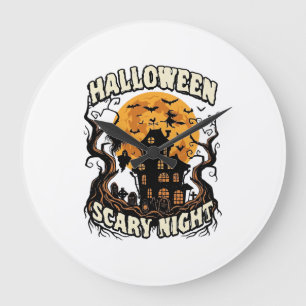 Halloween Scary Night Haunted House Full Moon Witc Large Clock