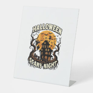 Halloween Scary Night Haunted House Full Moon Witc Pedestal Sign