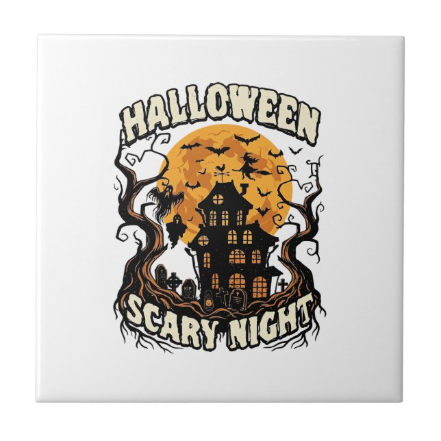 Halloween Scary Night Haunted House Full Moon Witc Tile (Front)