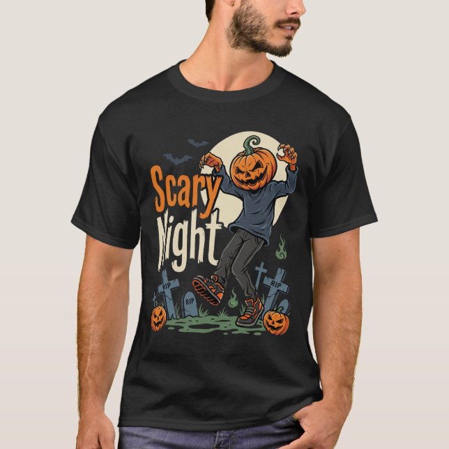 Halloween Scary Night Pumpkin Graveyard Vector T-Shirt (Front)