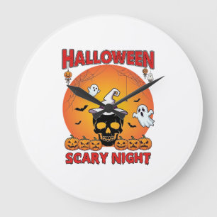 Halloween Scary Night Skull Witch Hat Pumpkins Gho Large Clock