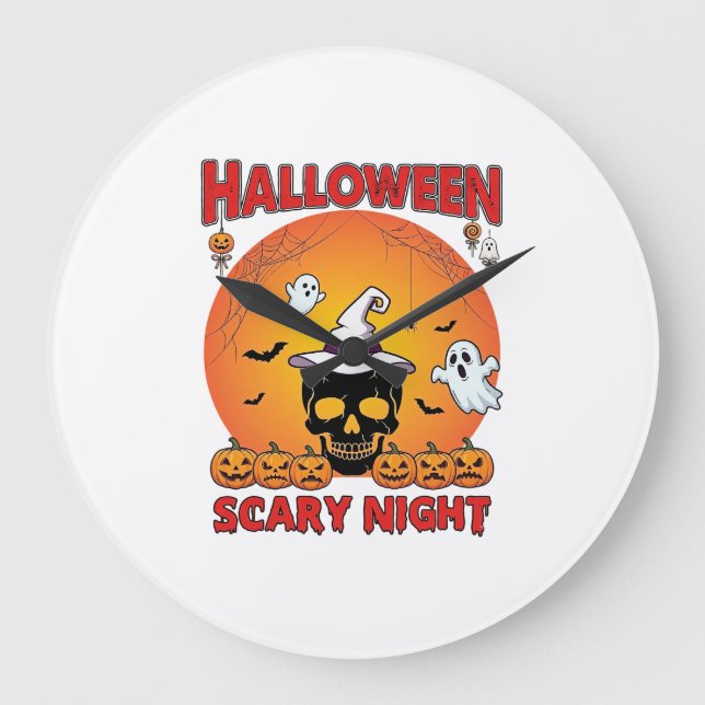 Halloween Scary Night Skull Witch Hat Pumpkins Gho Large Clock (Front)