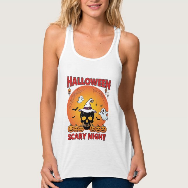 Halloween Scary Night Skull Witch Hat Pumpkins Gho Singlet (Front)