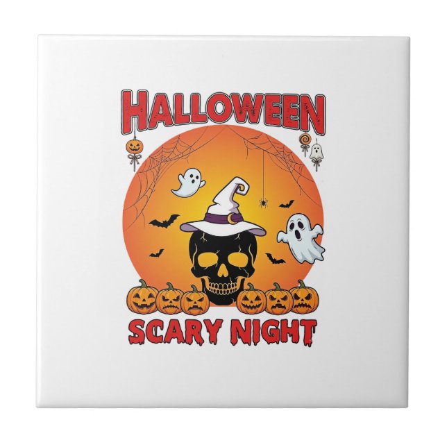 Halloween Scary Night Skull Witch Hat Pumpkins Gho Tile (Front)