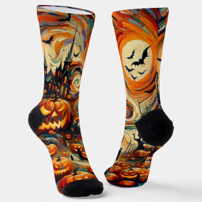 Halloween Scary Orange Black Novelty Socks (Angled)