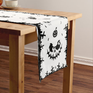 Halloween Scary Pumpkin Witch Black and White Short Table Runner