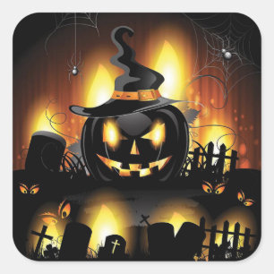 Halloween - Scary Pumpkins w/Hat Square Sticker