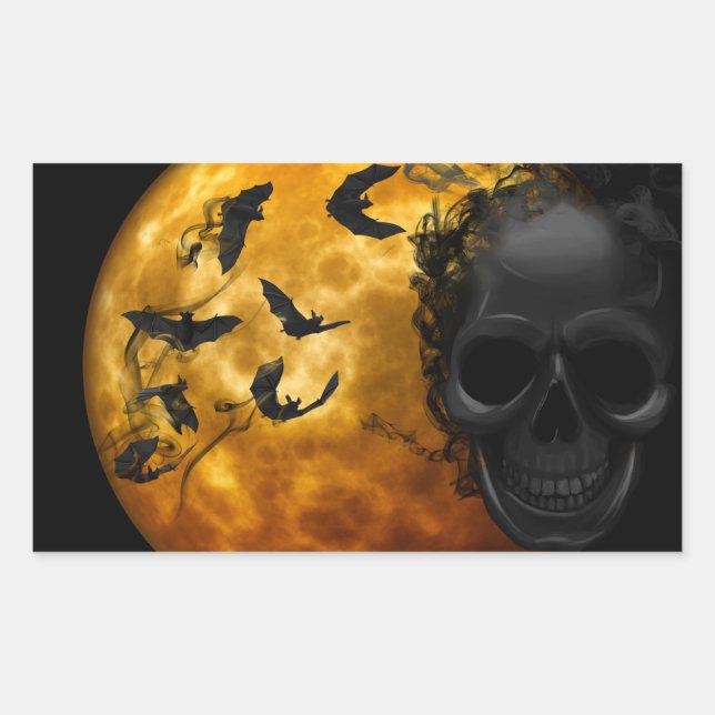 Halloween Scary Scene 12 BLK Skull & Bats Rectangular Sticker (Front)