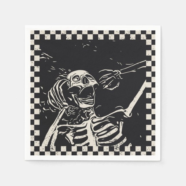 Halloween Scary Skeleton Black White Chequered Napkin (Front)