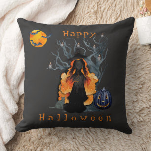 Halloween Scene Fiery Witch in Moonlight Cushion