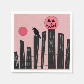 Halloween scene with fence, crow, full moon napkin