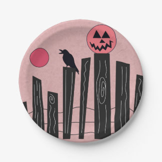 Halloween scene with fence, crow, full moon paper plate