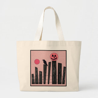 Halloween scene with fence, crow, full moon, & pum large tote bag