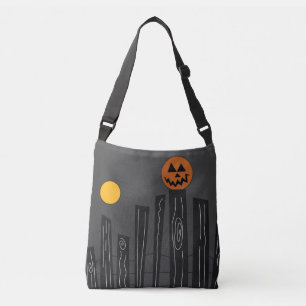 Halloween scene with pumpkin, crow and moon crossbody bag
