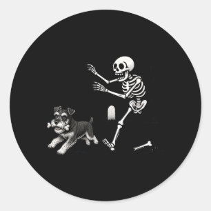 Halloween Schnauzer Dog Skeleton Bone Chase Humour Classic Round Sticker