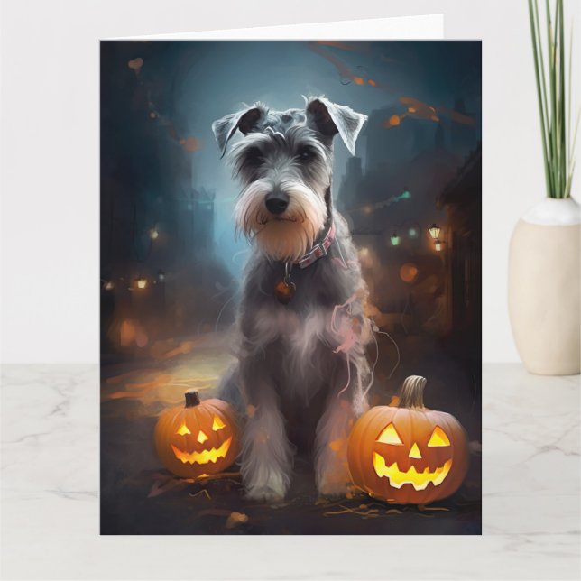 Halloween Schnauzer With Pumpkins Scary Card (Front)