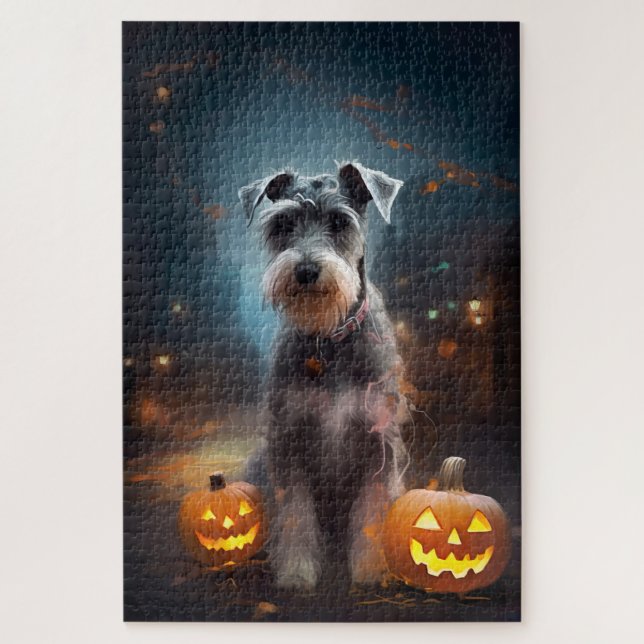 Halloween Schnauzer With Pumpkins Scary Jigsaw Puzzle (Vertical)