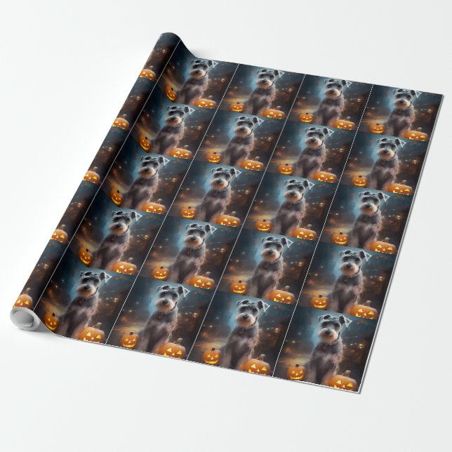 Halloween Schnauzer With Pumpkins Scary Wrapping Paper (Unrolled)