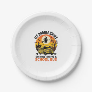 Halloween School Bus Witch Vintage Teacher Design_ Paper Plate