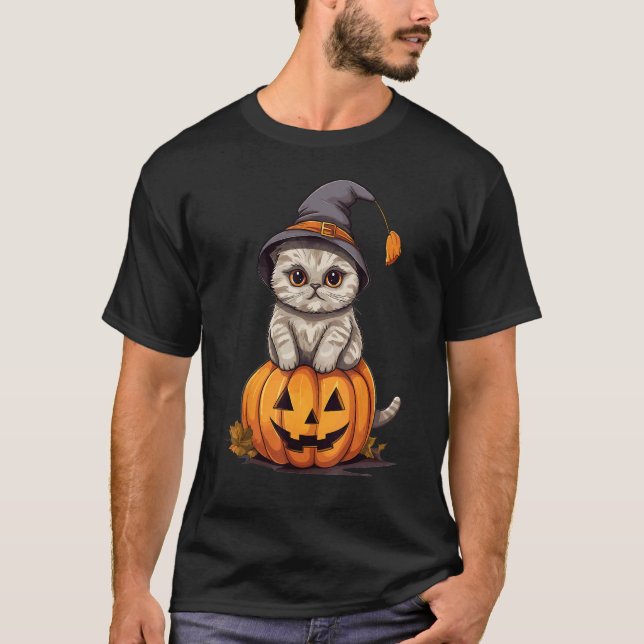 Halloween Scottish Fold Cat Witch Hat Pumpkin T-Shirt (Front)