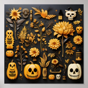Halloween Seamless Pattern Pumpkins And Flowers Poster