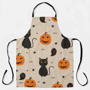 Halloween seamless pattern with black cat and ghos apron