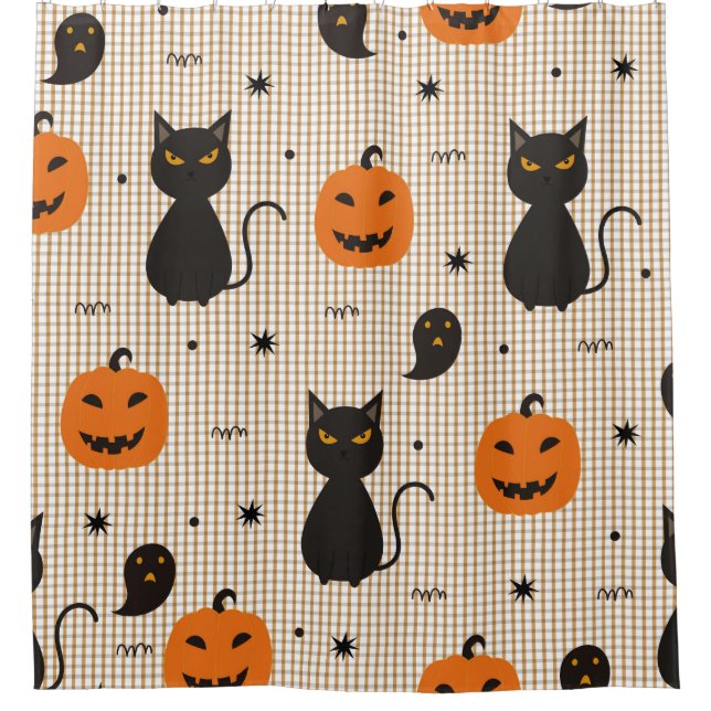 Halloween seamless pattern with black cat and ghos shower curtain (Front)
