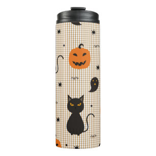 Halloween seamless pattern with black cat and ghos thermal tumbler