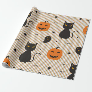 Halloween seamless pattern with black cat and ghos wrapping paper