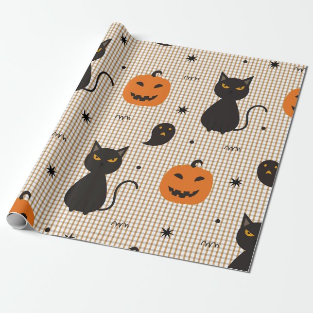 Halloween seamless pattern with black cat and ghos wrapping paper (Unrolled)