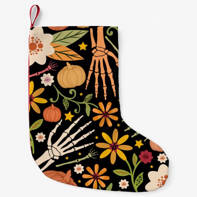 Halloween seamless pattern with bones and floral e small christmas stocking (Front)