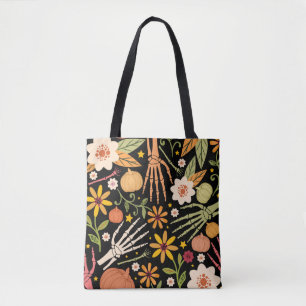 Halloween seamless pattern with bones and floral e tote bag