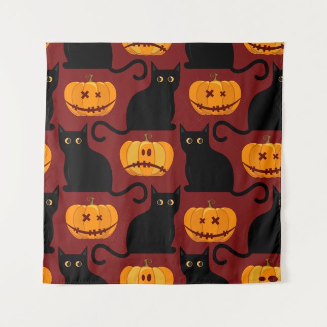 Halloween seamless pattern with pumpkins and black tapestry (Front)