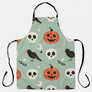 Halloween seamless pattern with ravens, skulls and apron