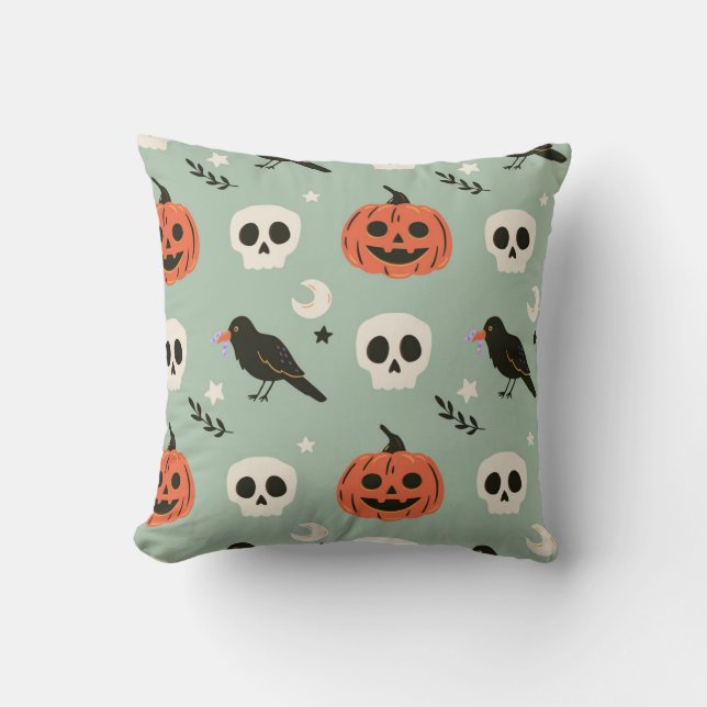 Halloween seamless pattern with ravens, skulls and cushion (Front)