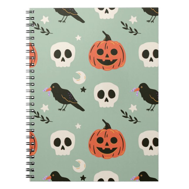 Halloween seamless pattern with ravens, skulls and notebook (Front)