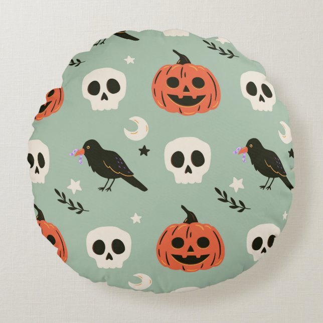 Halloween seamless pattern with ravens, skulls and round cushion (Front)